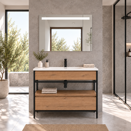 DORIA [1S] bathroom vanity with legs and drawer — integrated basin, Estepa finish, complete bathroom setting
