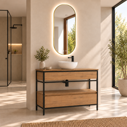 DORIA [1S] bathroom vanity with legs and drawer — countertop basin, Estepa finish, angled view