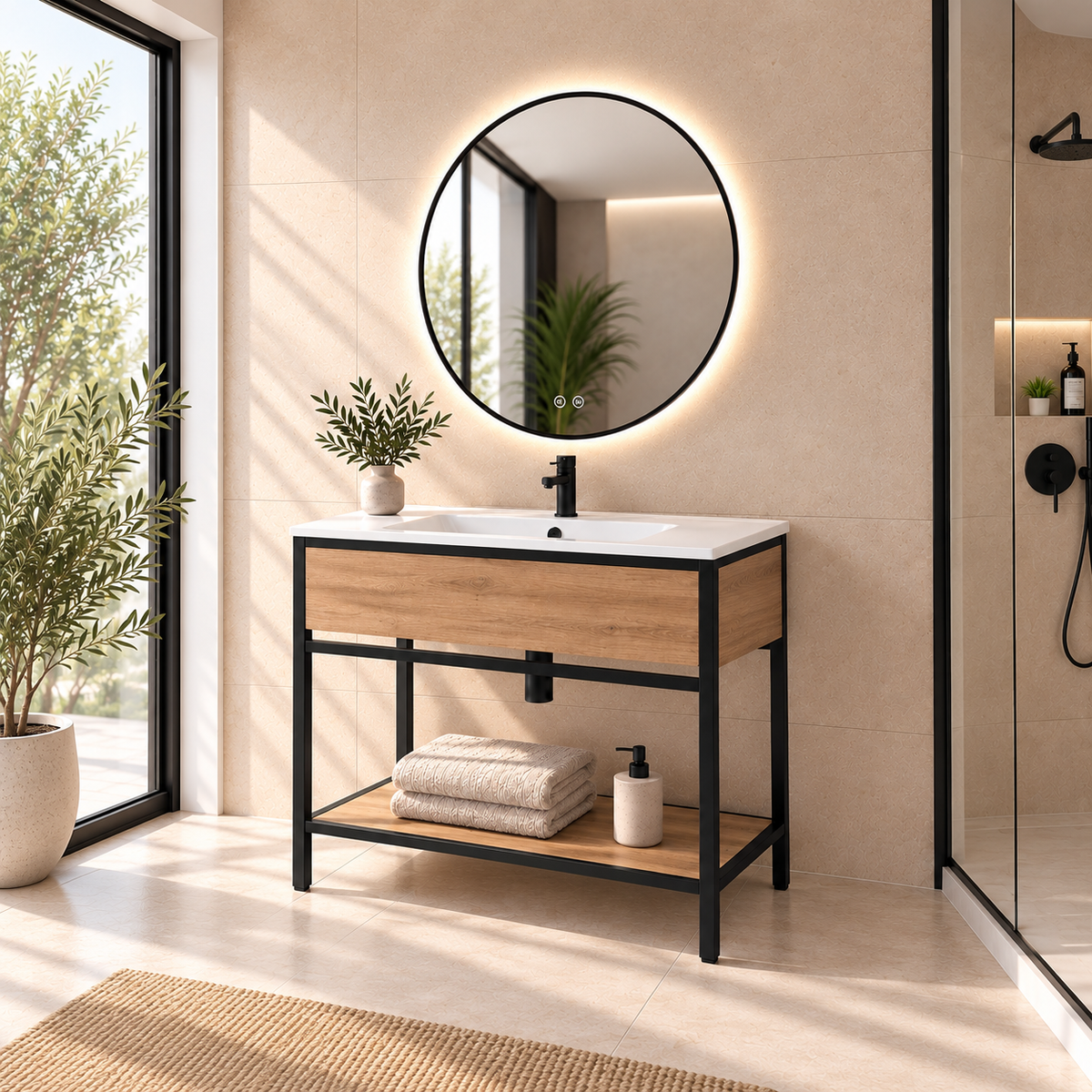 DORIA [1S] bathroom vanity with legs, shelf and integrated basin, Estepa finish, angled view